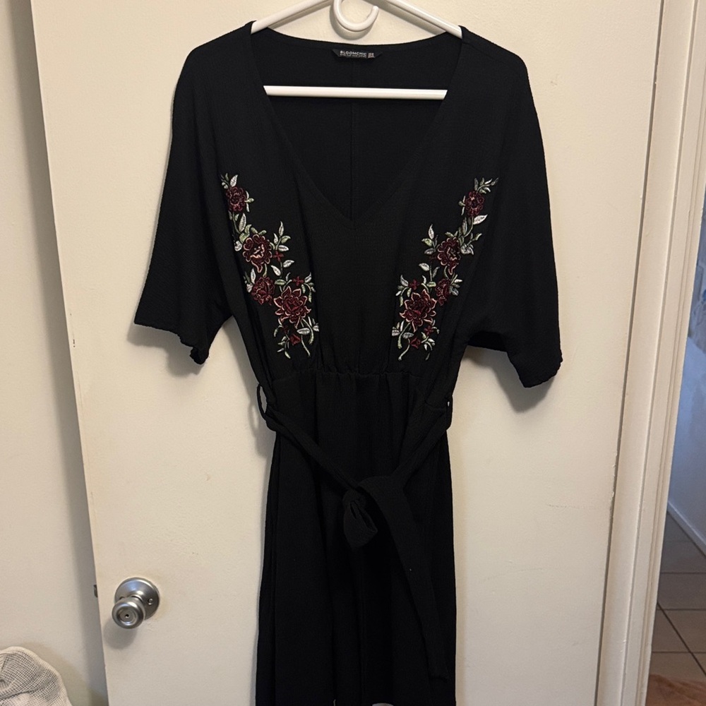 BloomChic Black Midi Dress with Burgundy Floral Embroidery